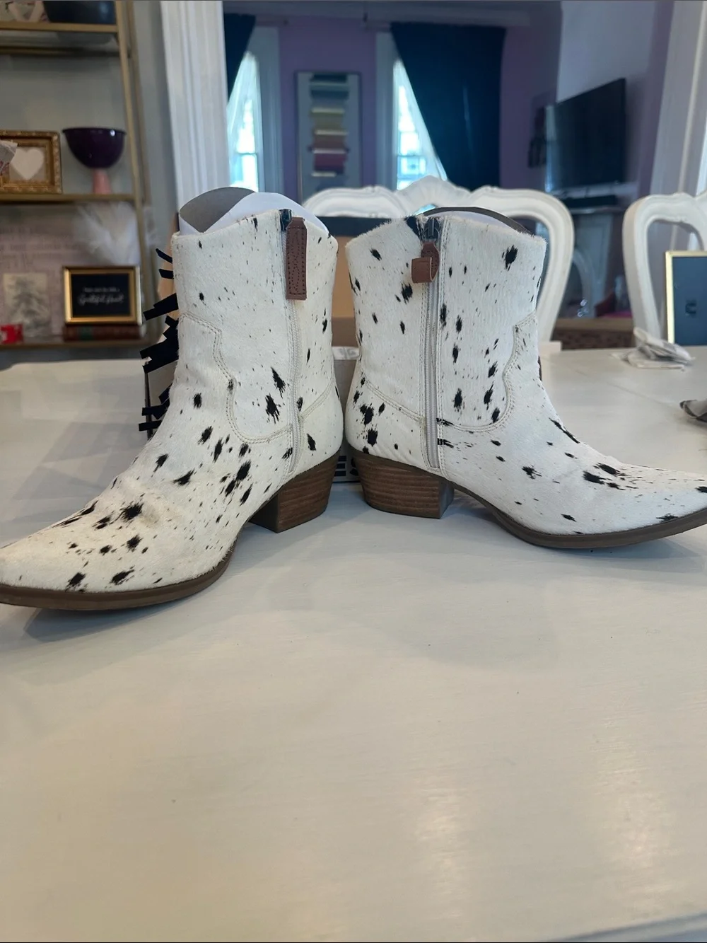 Dingo White and Black Spotted Cowhide Fringe Ankle Boots